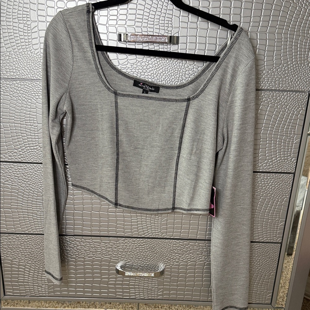 Gray Ribbed Long Sleeve Top